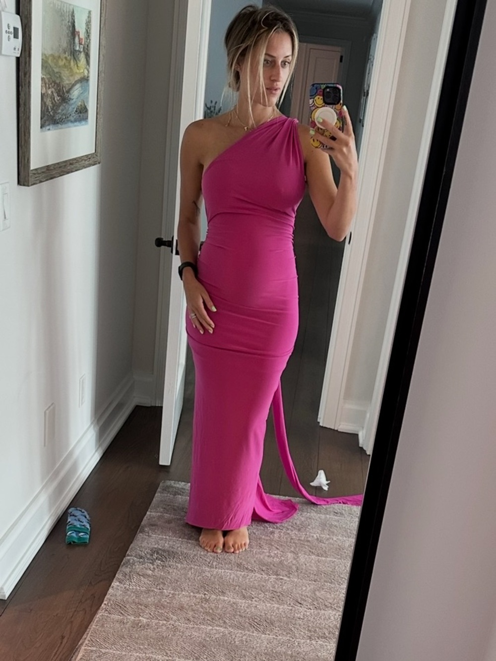 Women's One-Shoulder Magenta Evening Maxi Dress